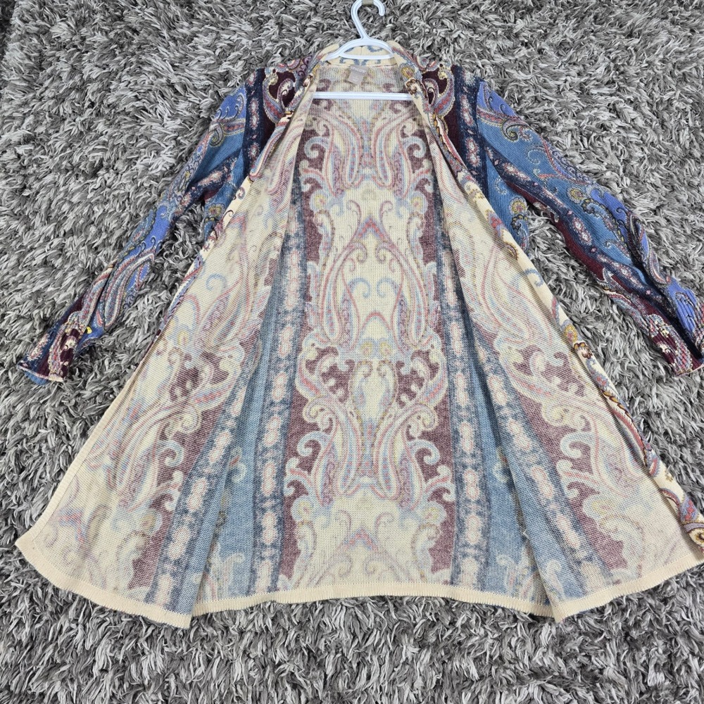 Chicos Paisley Open Front Cardigan Blue Cream Duster Sweater Size 2 L Large - Picture 3 of 7